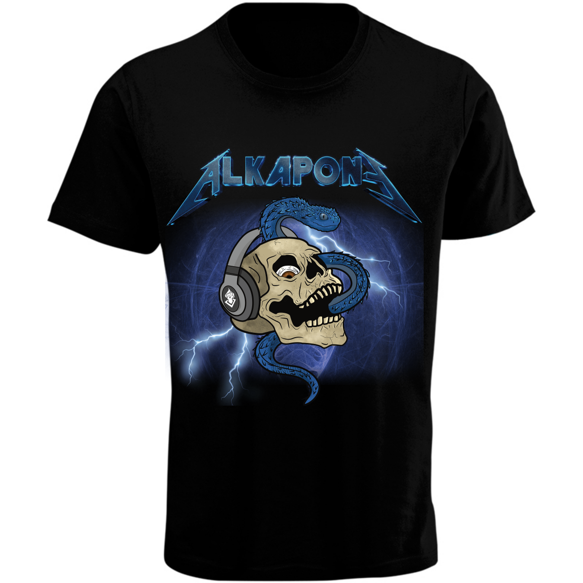Men's alkapone metallic lightning bolt t-shirt with skull