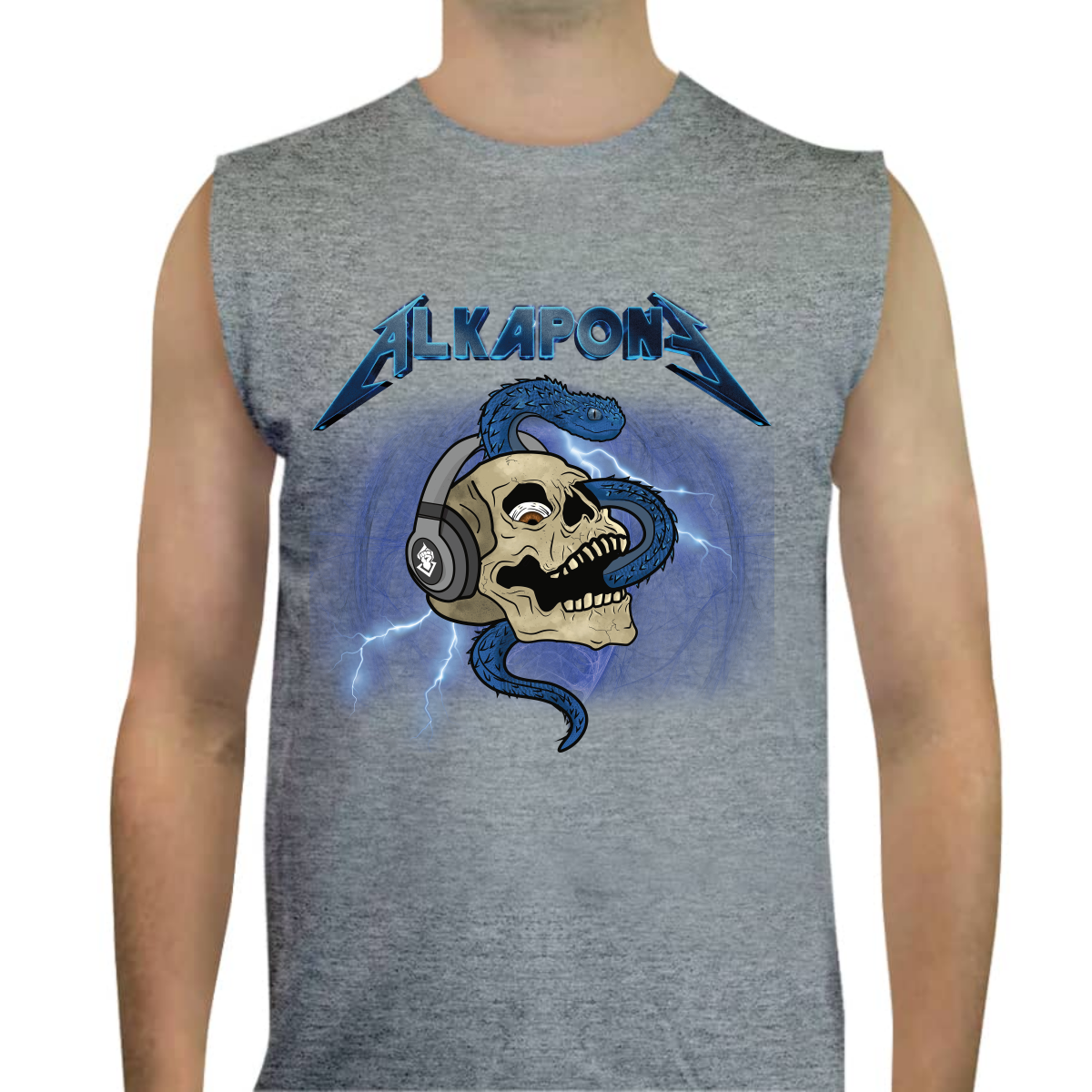 Metallic alkapone tank top t-shirt lightning bolt with skull